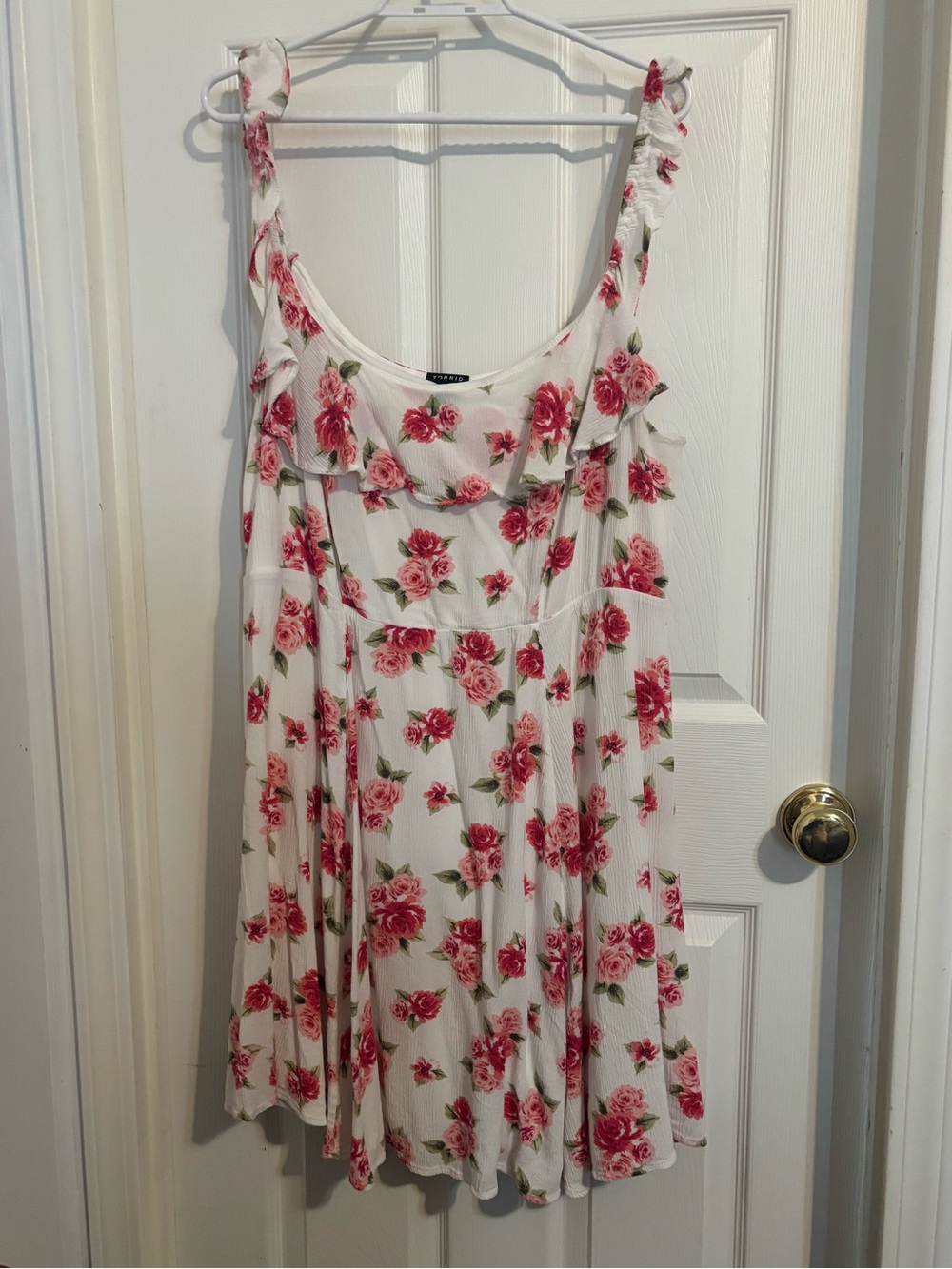 torrid White Dress with Pink Rose Print and Ruffle Straps